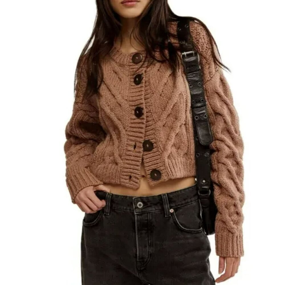 Free People Chunky Knit Cardigan Cable Cropped Brown Size XL NWT
